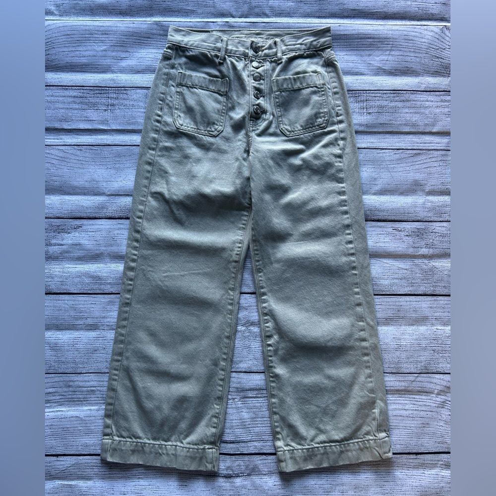 American Eagle Wide Leg Crop button fly patch pockets green jeans size 2 regular - Picture 1 of 15